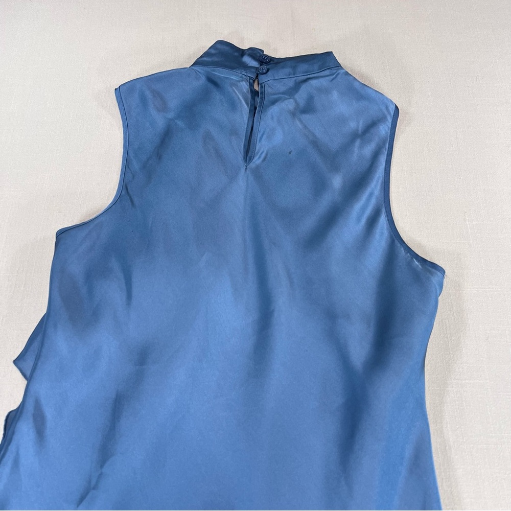 Kenar Women’s M Blue Satin Ruffle Front Sleeveless Top Mock Neck Blouse - Picture 7 of 13